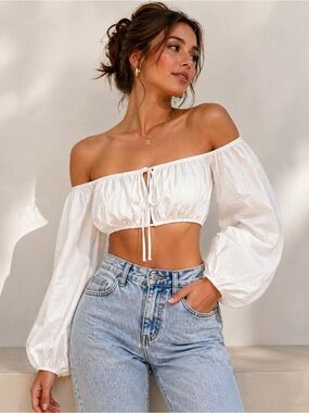Missguided White Off Shoulder Puff Sleeve Crop Top Size M Cottagecore Boho NWT